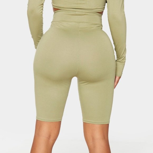 Pretty Little Things Shape Sage Green Cotton Panel Detail Bike Shorts.NWT~Size10 - Picture 4 of 4